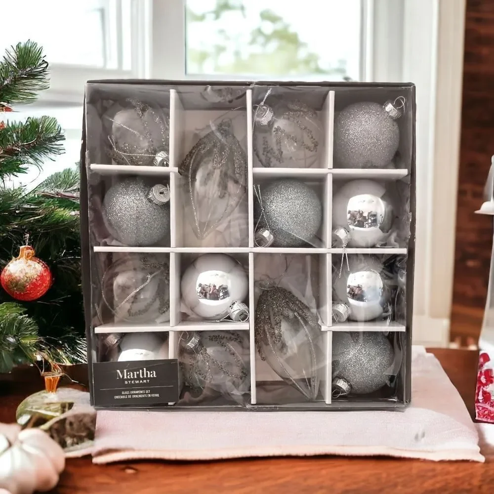 14 Martha Stewart Silver Glass Ornament Set Christmas Beaded‎ Glittery Bedford